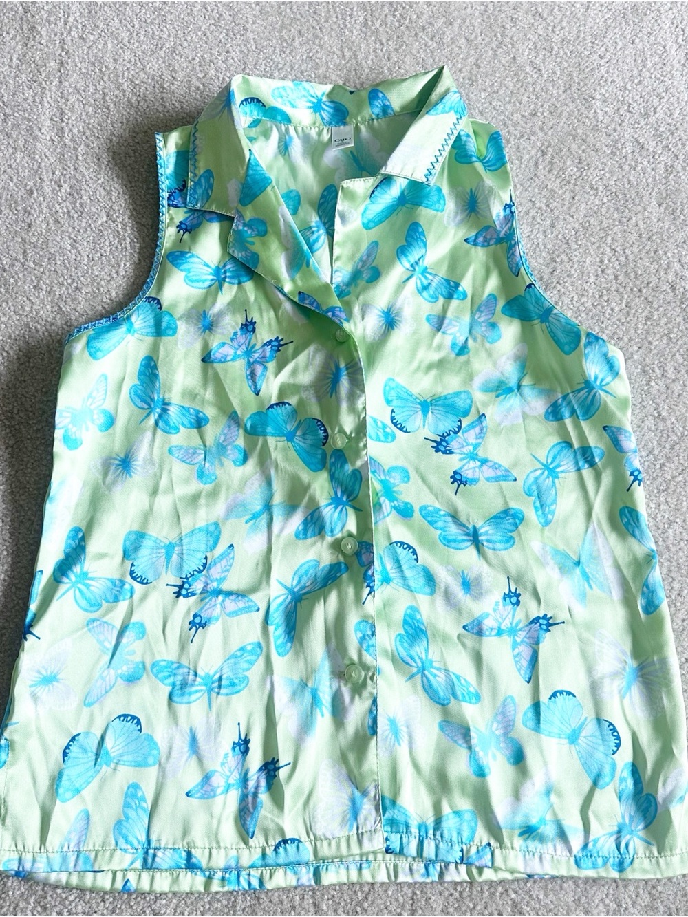 Cato satin green/blue butterfly print sleeveless button up blouse Size S